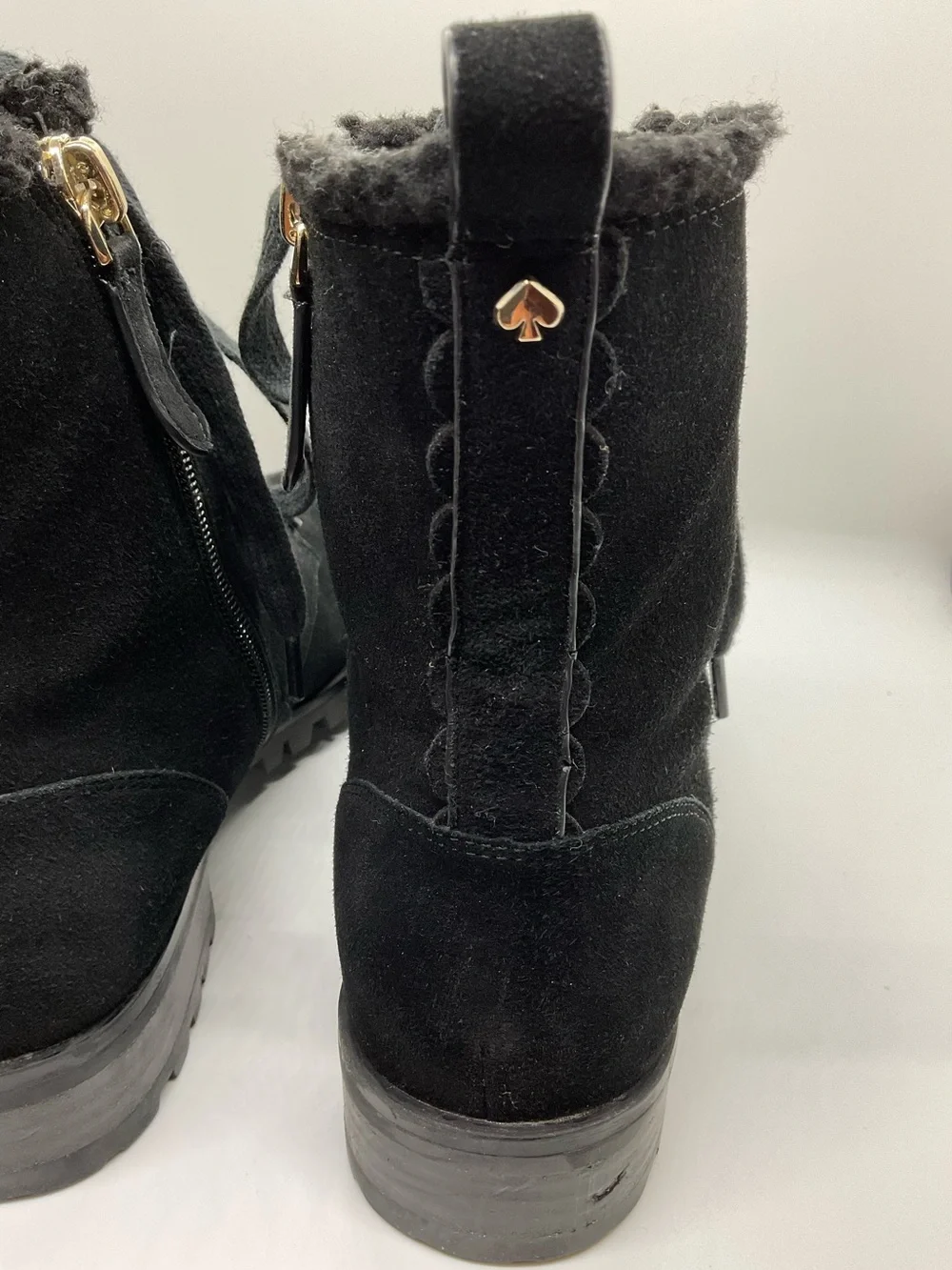 KATE SPADE NEW YORK Raegan Faux Shearling Combat Suede Black Boots  Size 6.5